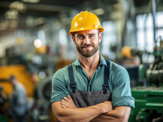 Portrait of positive, handsome young male builder in hard hat smiling at camera, holding drywall while working at construction site