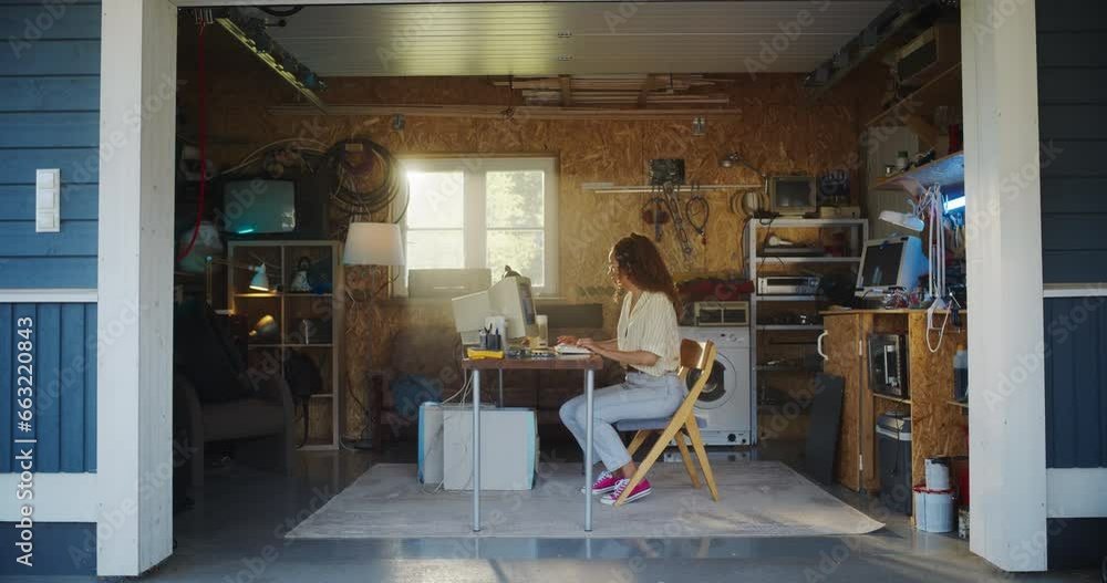 Aufkleber hispanic female software developer programming on old desktop computer in retro garage with random a