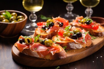 french bread bruschetta with serrano ham and green olives