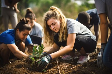 Volunteers, charity, cleaning, people and ecology concept - Group of happy volunteers with planting tree in park. Generative AI