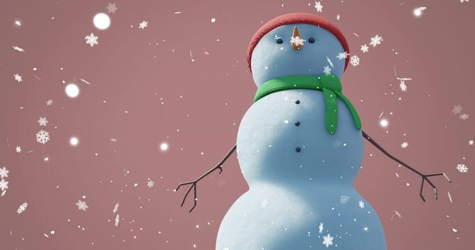 Animation of christmas snow man moving over snow falling on red background