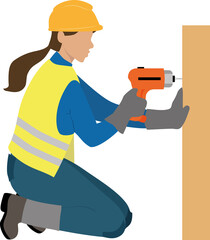 A female carpenter, in a crouched position, is using an electric screwdriver to fasten a screw onto a wooden surface