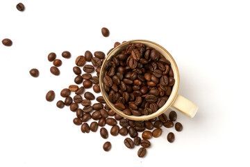 Black coffee and coffee beans on white background