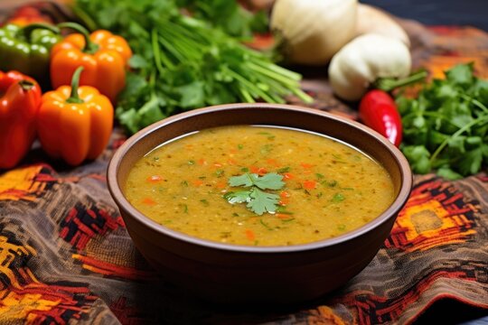 Spicy Detox Soup With Pepper On A Woven Placemat