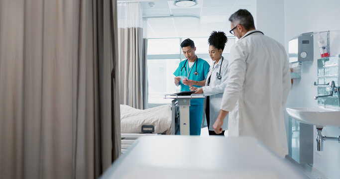 Healthcare, Hospital And A Medical Team Of Doctors Checking On A Patient In Recovery Or Rehabilitation. Medicine, Teamwork And Consulting With A Group Of Health Professionals In A Clinic For Wellness