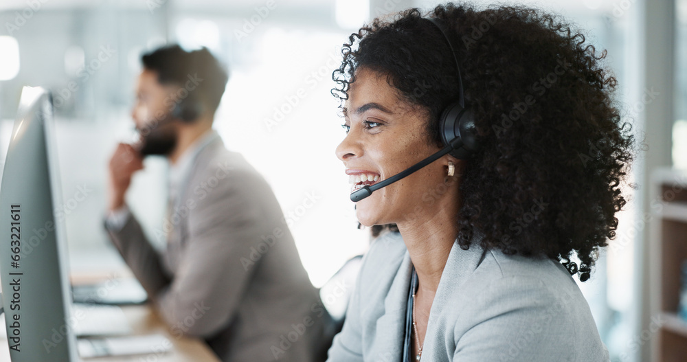 Poster Happy woman, call center and customer service in telemarketing, support or communication at office. Friendly female person, consultant or agent smile in online advice, help or contact us at workplace