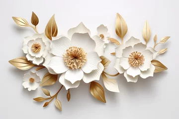 Fotobehang 3d gold flowers white backgroung. © MKhalid