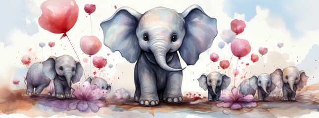 Adorable Elephants for Kids - Watercolor Illustrations - Wide Format for Mug Sublimation