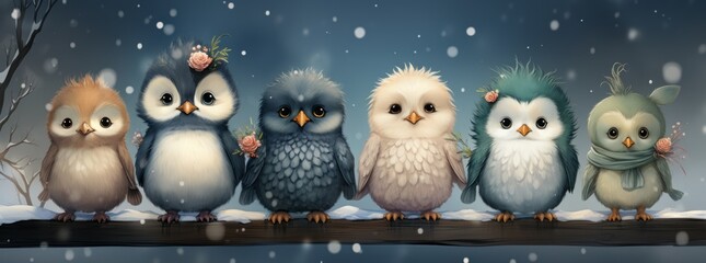 Obraz premium Cute Birds on a Branch - Watercolor Illustrations - Wide Format for Mug Sublimation