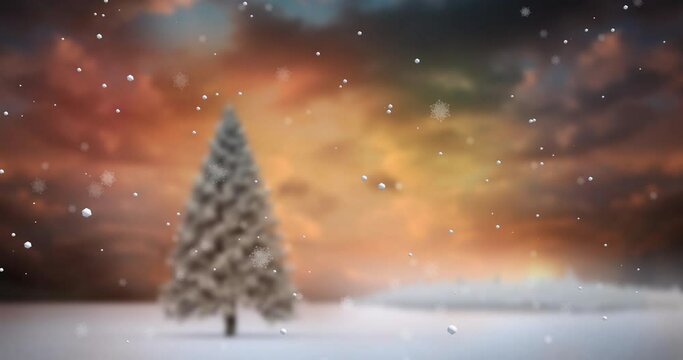 Animation of snow falling over christmas winter scenery with tree background