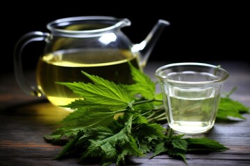 fresh nettle tea steeping in a teapot with leaves beside