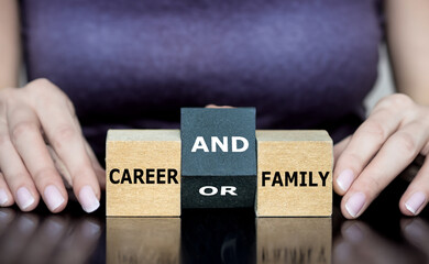 Symbol for combining career and family. Woman turns cube and changes the expression 'career or...
