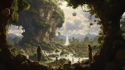 The Garden of Eden is a biblical paradise described in the Book of Genesis, symbolizing a pristine and idyllic place where the first humans, Adam and Eve, lived in harmony with nature. AI Generated. - obrazy, fototapety, plakaty