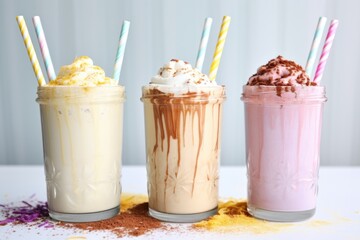 three different flavored milkshakes with colored straws