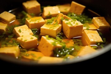 macro shot of tofu cubed pieces in the miso soup