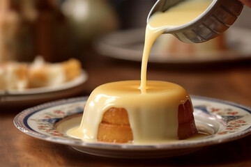 selective focus of condensed milk pudding - obrazy, fototapety, plakaty