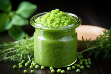 pile of pureed green peas in a glass jar