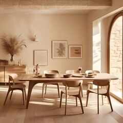 Minimalist interior design of modern dining room with wood table and chairs against wall 