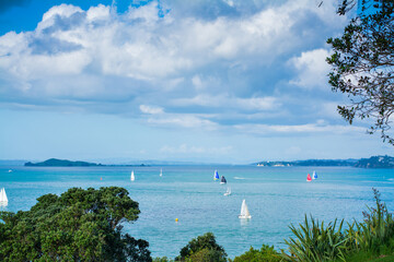 Numerous sailing boats scattered across calm waters of Auckland Harbour on a beautiful winter day. North Island, New Zealand