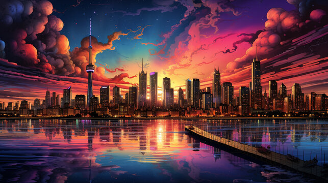The downtown city skyline, rendered in a vibrant and dynamic comic book art style, bursts with energy and character, encapsulating the urban essence of a bustling metropolis. AI Generated.