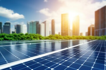 Solar panels in aerial view. Eco-technology of solar power plants in solar power plants with city background. alternative electricity source - concept of sustainable resources