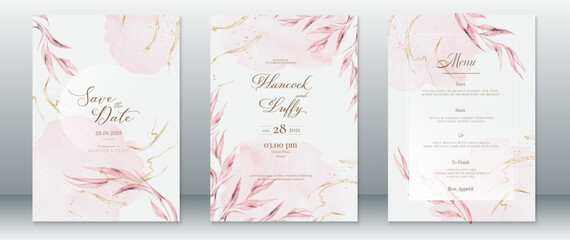 Elegant wedding invitation card template natural design with leaf and watercolor background
