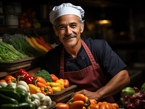 Within a professional kitchen exuding a culinary ambiance, a high-resolution portrait photo captures a chef in traditional chef's attire. 