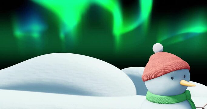 Animation of christmas snow man moving over aurora borealis on black background