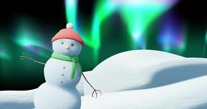 Animation of christmas snow man moving over aurora borealis on black background