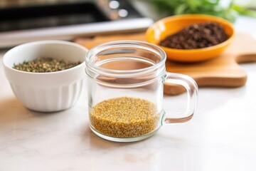 serving of quinoa in a measuring cup on a kitchen counter