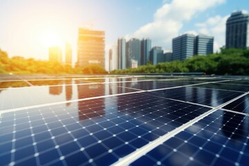 Fototapeta premium Solar panels in aerial view. Eco-technology of solar power plants in solar power plants with city background. alternative electricity source - concept of sustainable resources