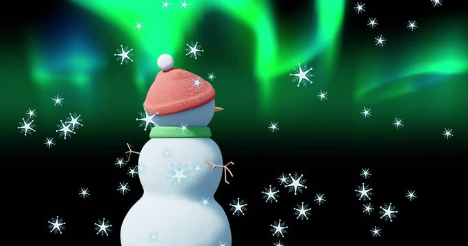 Animation of christmas snow man moving over aurora borealis and snow falling on black background