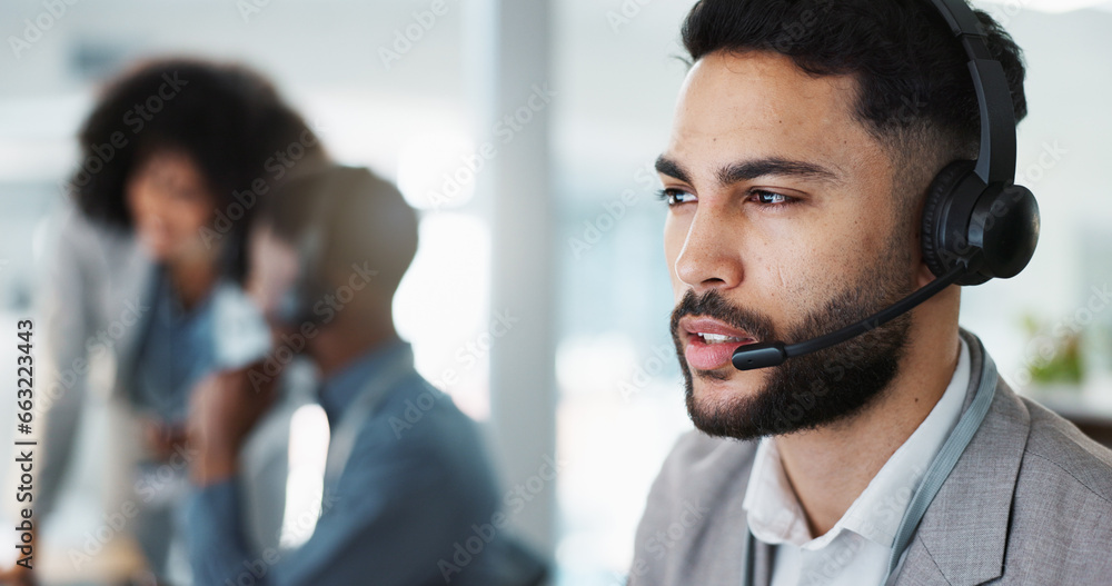 Poster call center, face or man speaking in crm, telemarketing or telecom office for online customer servic