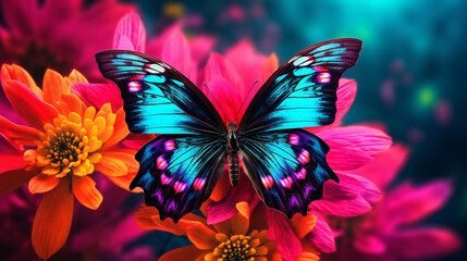 Beautiful butterfly on a flower on a neon background. AI Generated.