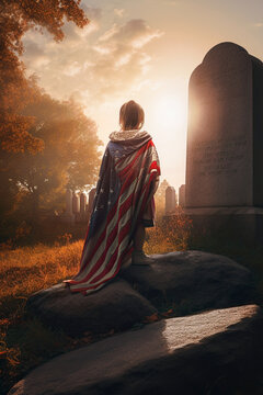 Little girl wearing american flag as a cape at cemetery in front of a gravestone at sunset. Memorial day concept. Honoring the fallen father. Ai generative