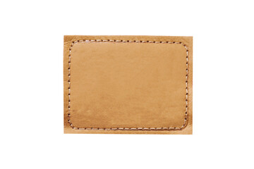 Brown leather belt strap closeup isolated on white. Brown stitched leather seam frame label tag isolated on white. Empty copy space fashion background.