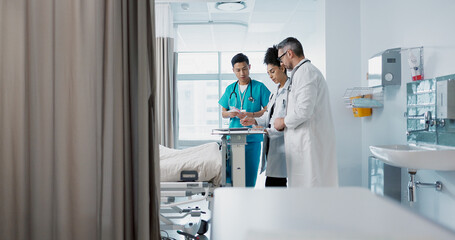 Healthcare, hospital and a medical team of doctors checking on a patient in recovery or...