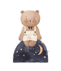 Cute teddy bear with star sits on the night hill. Can be used for cards, invitations, baby shower, posters. Watercolor illustration.