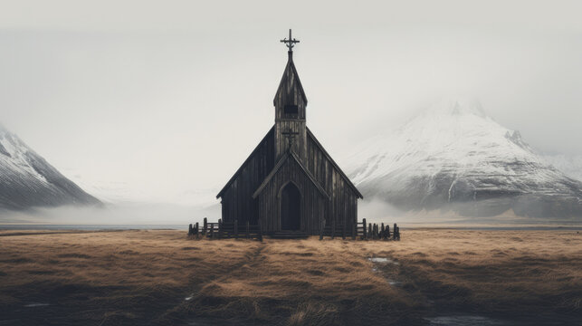 Isolated wooden church against snow-covered mountains, enveloped in mist, with golden grass foreground in a serene landscape. - Powered by Adobe