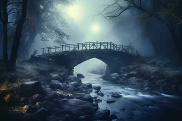 Foto op Plexiglas Mystical forest at night. Moonlit river, stone shore, foggy ambiance. Bridge crossing river. Enchanting landscape. Generative AI © David