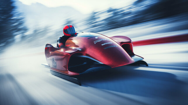 A bobsled team taking on a challenging icy track, winter sports, with copy space, blurred background