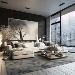 Modern interior, with a modern design, and a winter scenery outside the window.