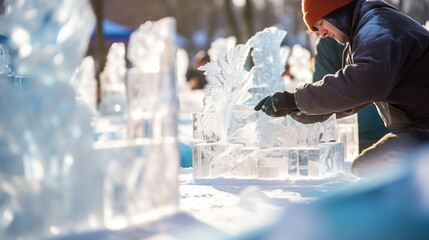 Ice sculptors crafting intricate designs from frozen blocks, winter sports, with copy space, blurred background - obrazy, fototapety, plakaty