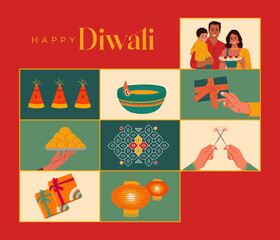 Indian family in Traditional Dressing, Celebrating Big Diwali Festival with Culture Elements Vector Illustration for gift box design, poster and greeting card template - obrazy, fototapety, plakaty