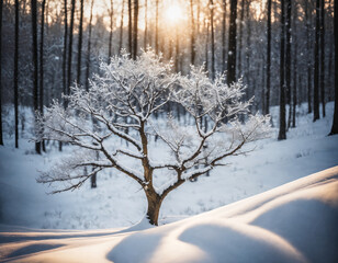 Snow covered tree. Thin trunk and many branches. Sun shining through the trees in the background. Serene and peaceful mood.
