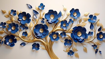 Elegant gold and royal blue floral tree with leaves and flowers hanging branches illustration background.