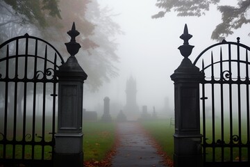 a cemetery gate opened slightly against a foggy backdrop