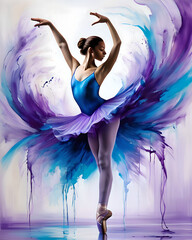 ballerina fiktiv tanzt im studio das kleid lösst sich auf und zerfliesst in tausend farben farbexplosion efekt 3d effekt - obrazy, fototapety, plakaty