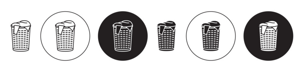 laundry hamper icon set. clothes basket vector symbol in black filled and outlined style. - obrazy, fototapety, plakaty