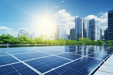 Solar panels in aerial view. Eco-technology of solar power plants in solar power plants with city background. alternative electricity source - concept of sustainable resources